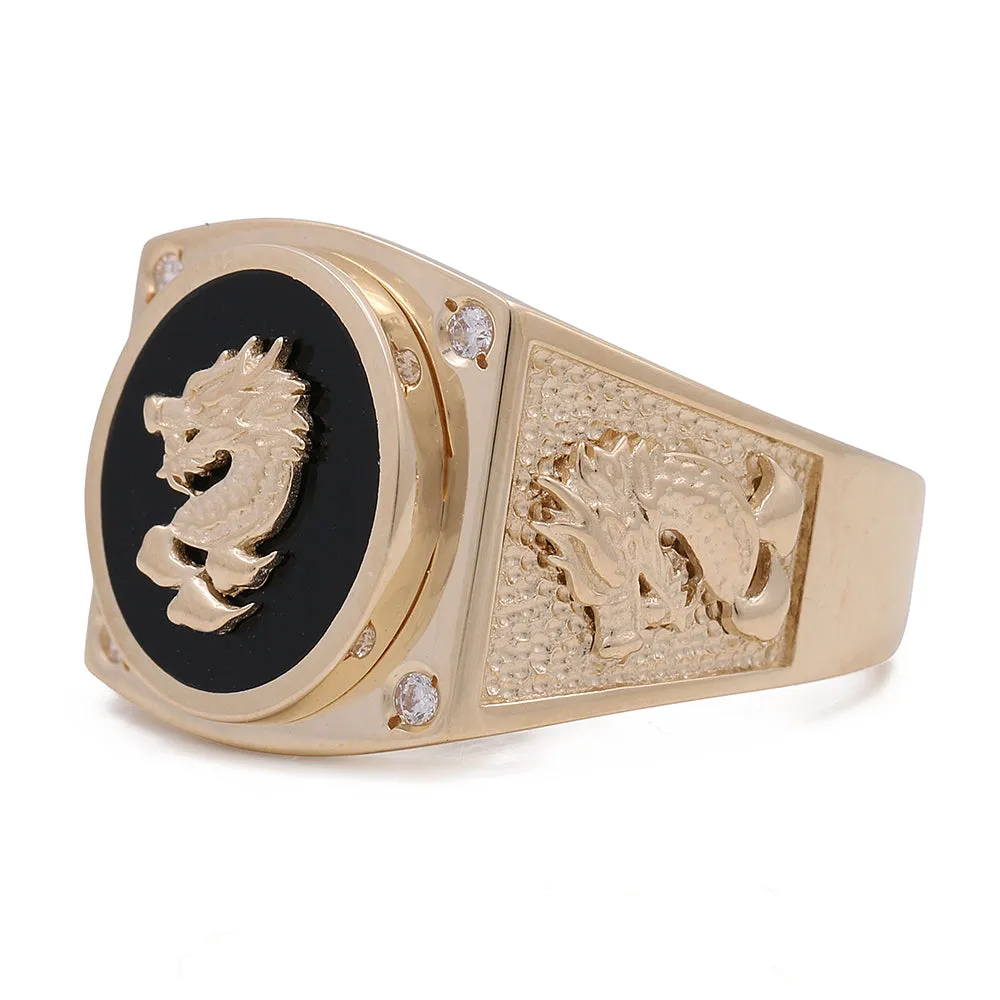 14K Yellow Gold Men's Ring with Centered Embossed Dragon on Onix  Stone and Cubic Zirconias