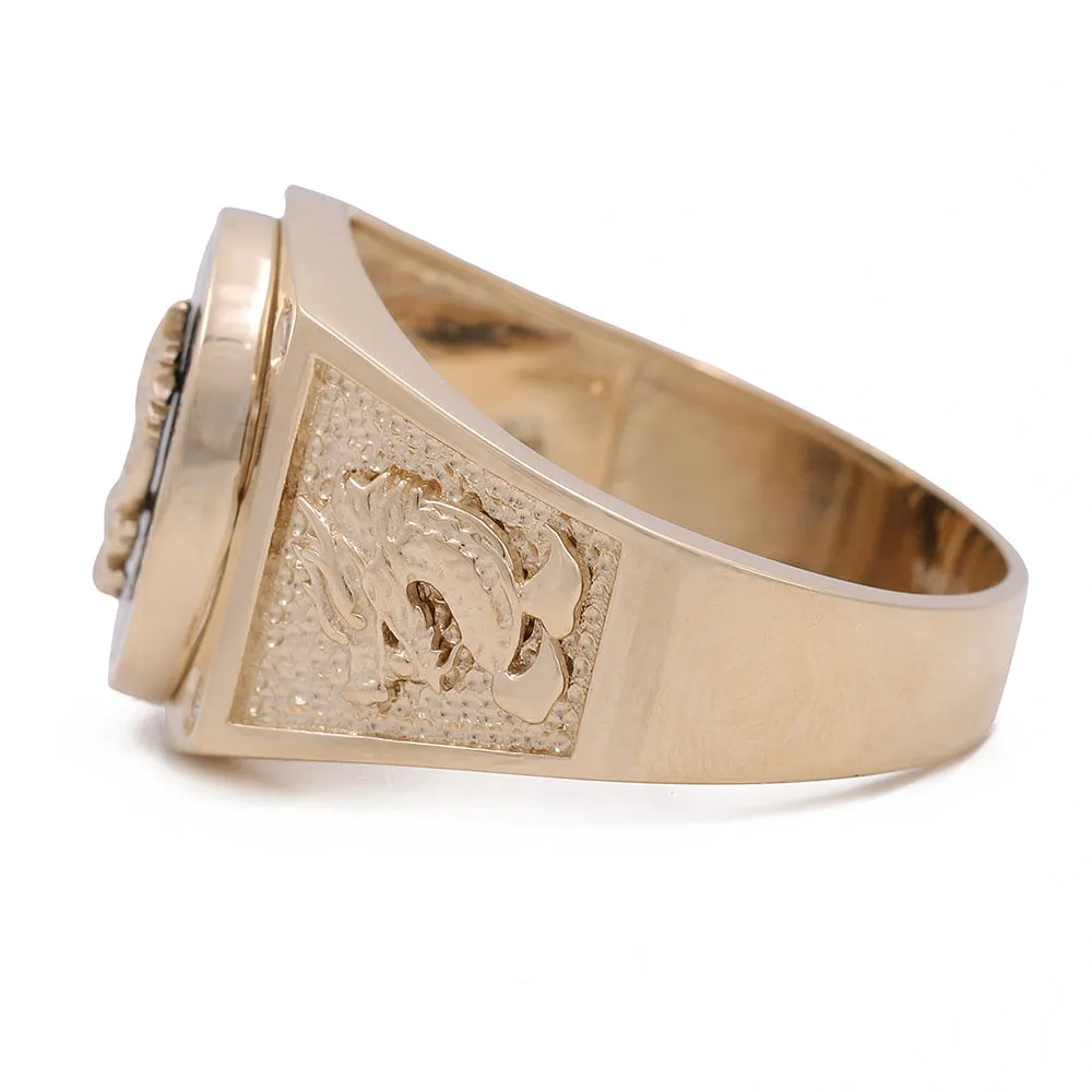 14K Yellow Gold Men's Ring with Centered Embossed Dragon on Onix  Stone and Cubic Zirconias