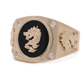 14K Yellow Gold Men's Ring with Centered Embossed Dragon on Onix  Stone and Cubic Zirconias