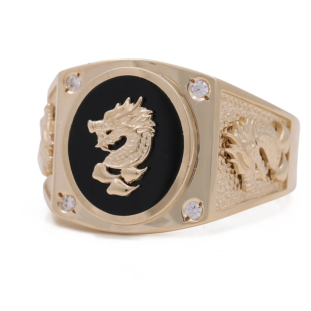 14K Yellow Gold Men's Ring with Centered Embossed Dragon on Onix  Stone and Cubic Zirconias