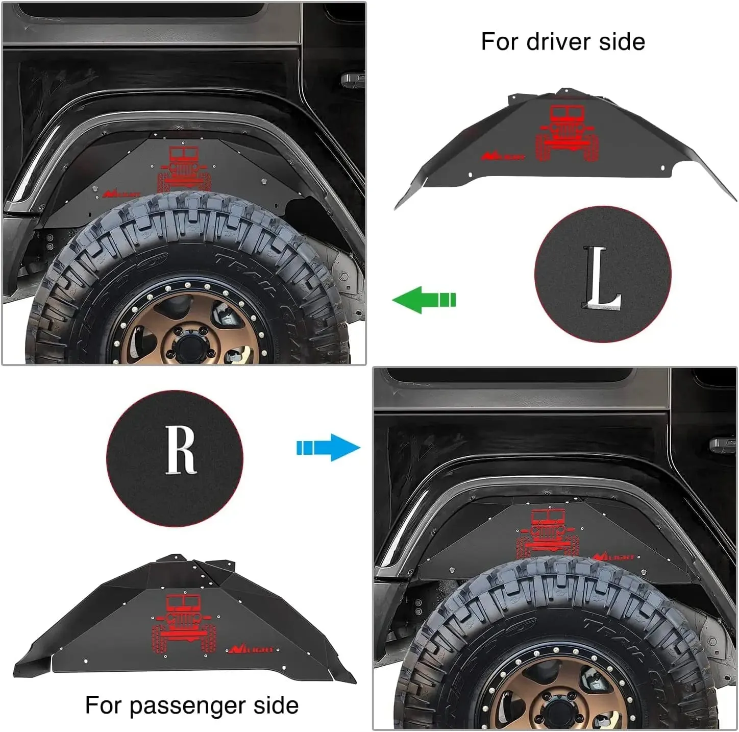 2007-2018 Jeep Wrangler JK JKU 4WD Rear Inner Fender Liners Wheel Cover