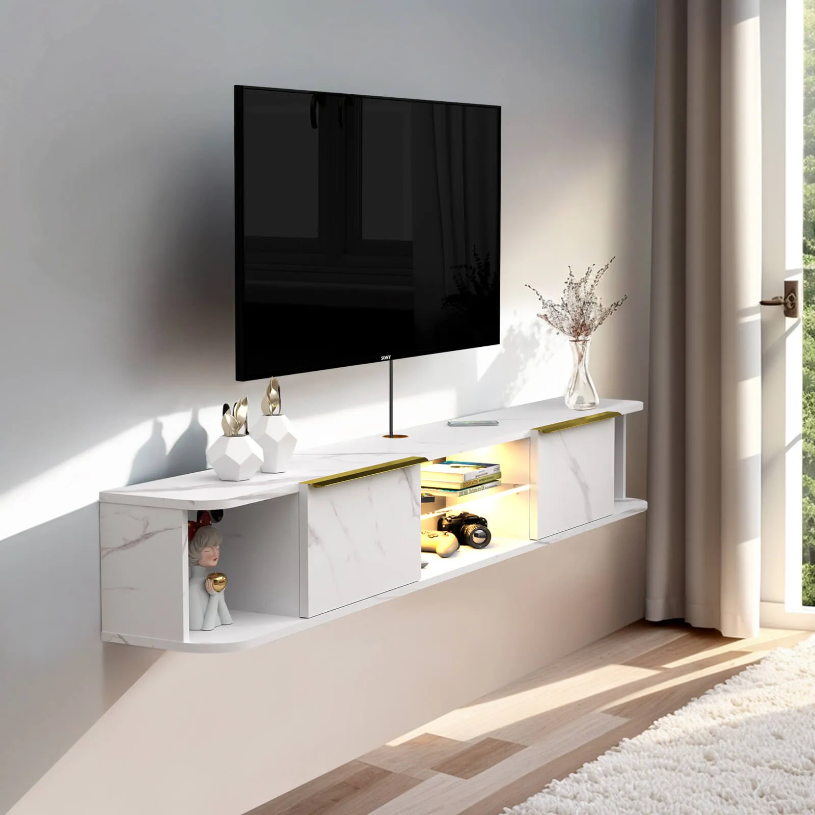 63" Arrangio LED Floating TV Stand, Marble White