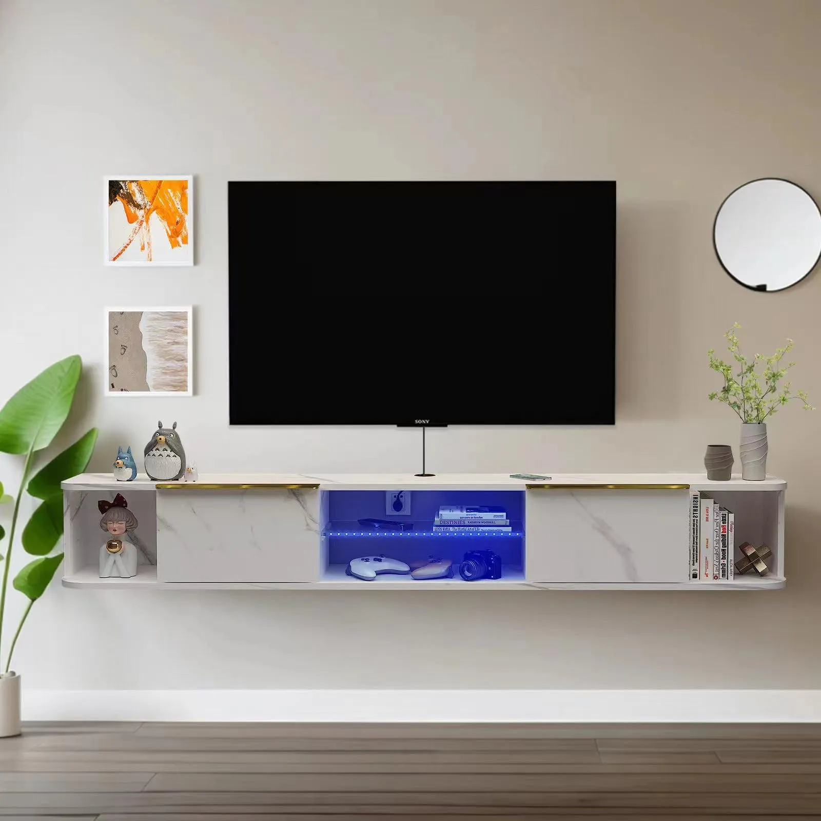 63" Arrangio LED Floating TV Stand, Marble White