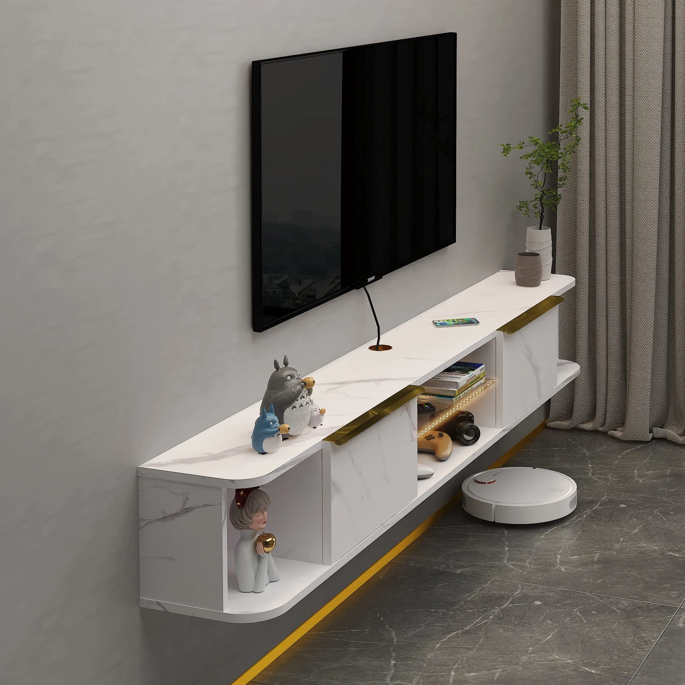 63" Arrangio LED Floating TV Stand, Marble White