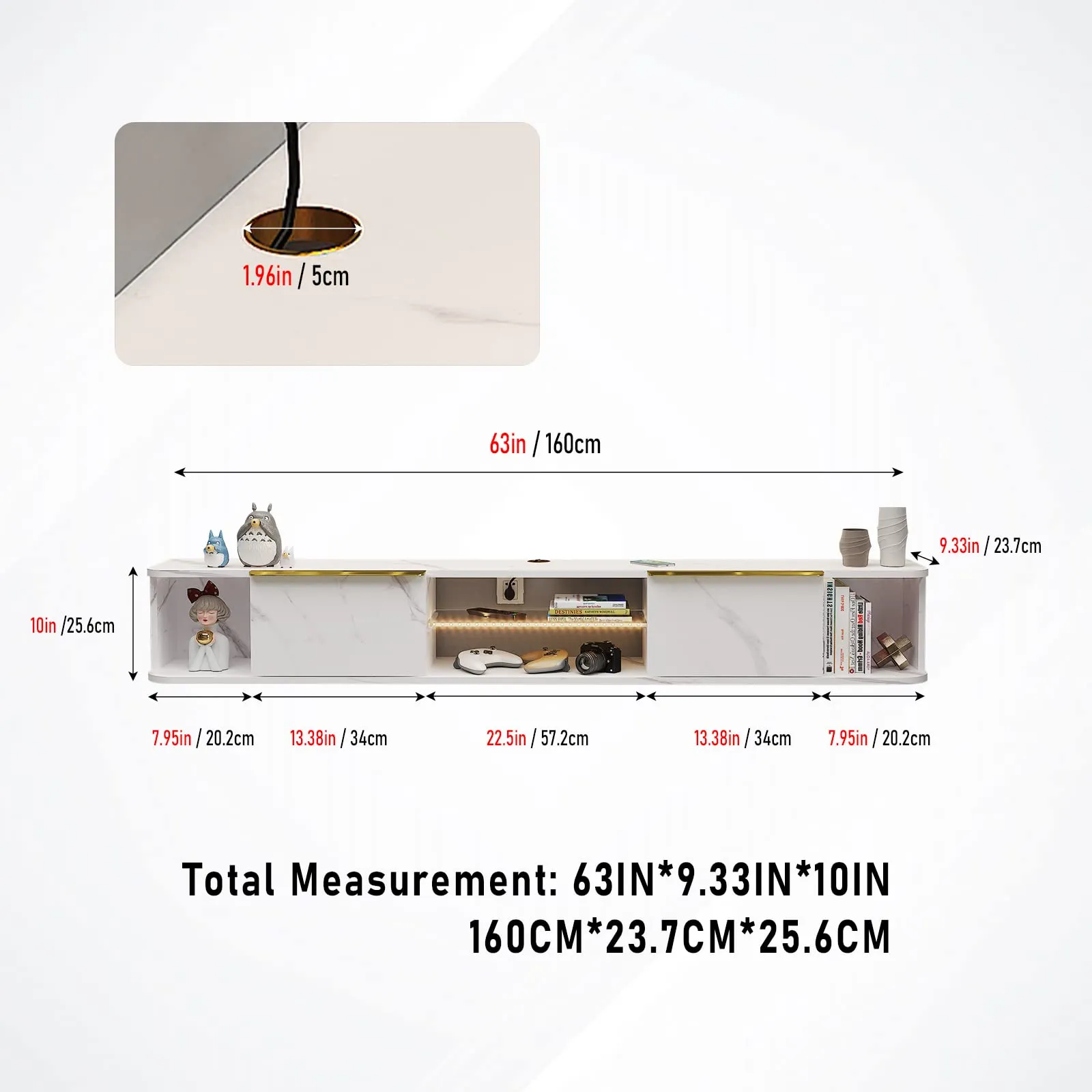63" Arrangio LED Floating TV Stand, Marble White