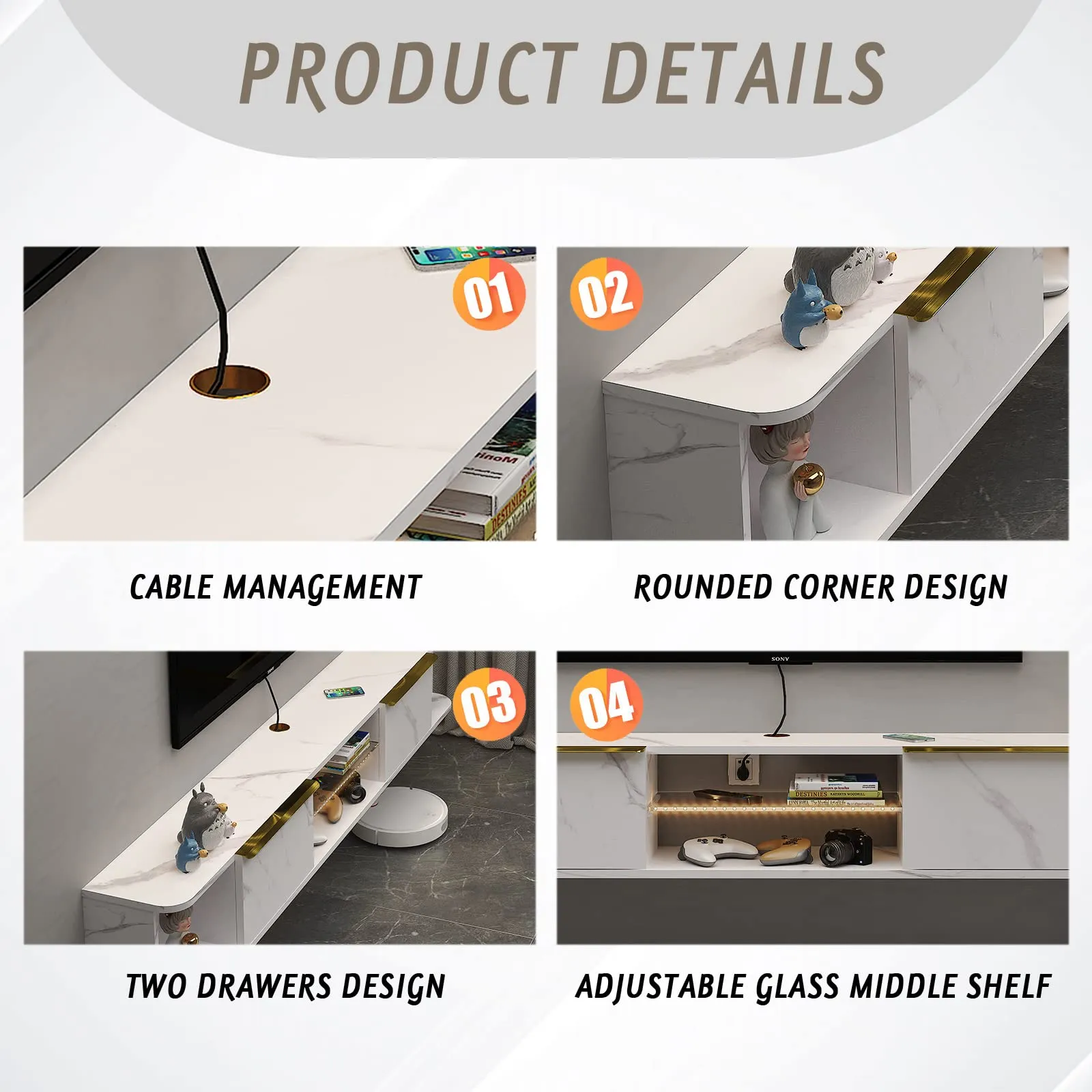 63" Arrangio LED Floating TV Stand, Marble White