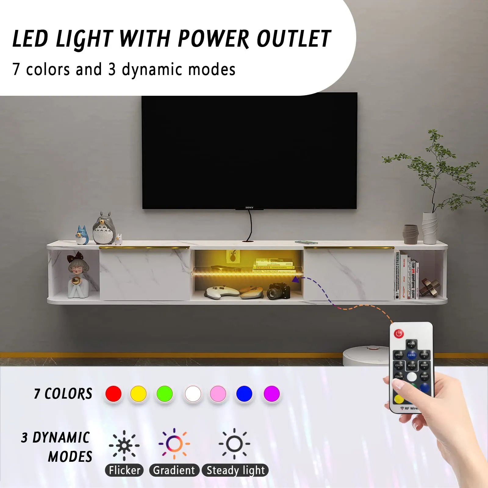63" Arrangio LED Floating TV Stand, Marble White