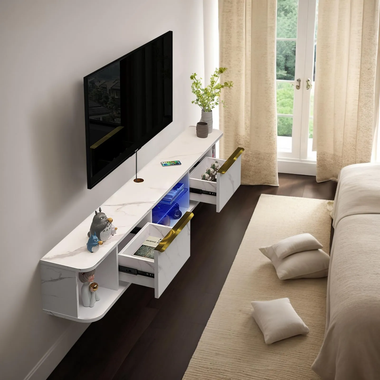 63" Arrangio LED Floating TV Stand, Marble White