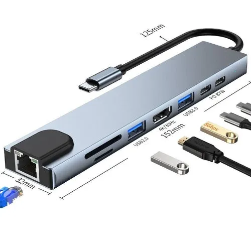 8-In-1 USB C Hub Dock to -Compatible 4K Rj45 Lan 100M Adapter OTG with PD