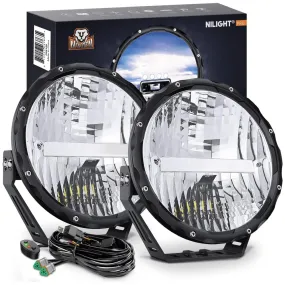 9 Inch 120W 7000LM Round High Low Beam Built-in EMC LED Work Lights (Pair) | 14AWG DT Wire