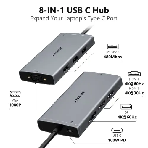 ABIWAZY USB C Docking Station Dual Monitor for HP Dell Lenovo Thinkpad Surface, 8 in 1 Computer Multiple Monitor Hub Adapter to Dual 4K HDMI,DisplayPort,VGA, 00W PD,3 USB for Windows Laptops(Black)