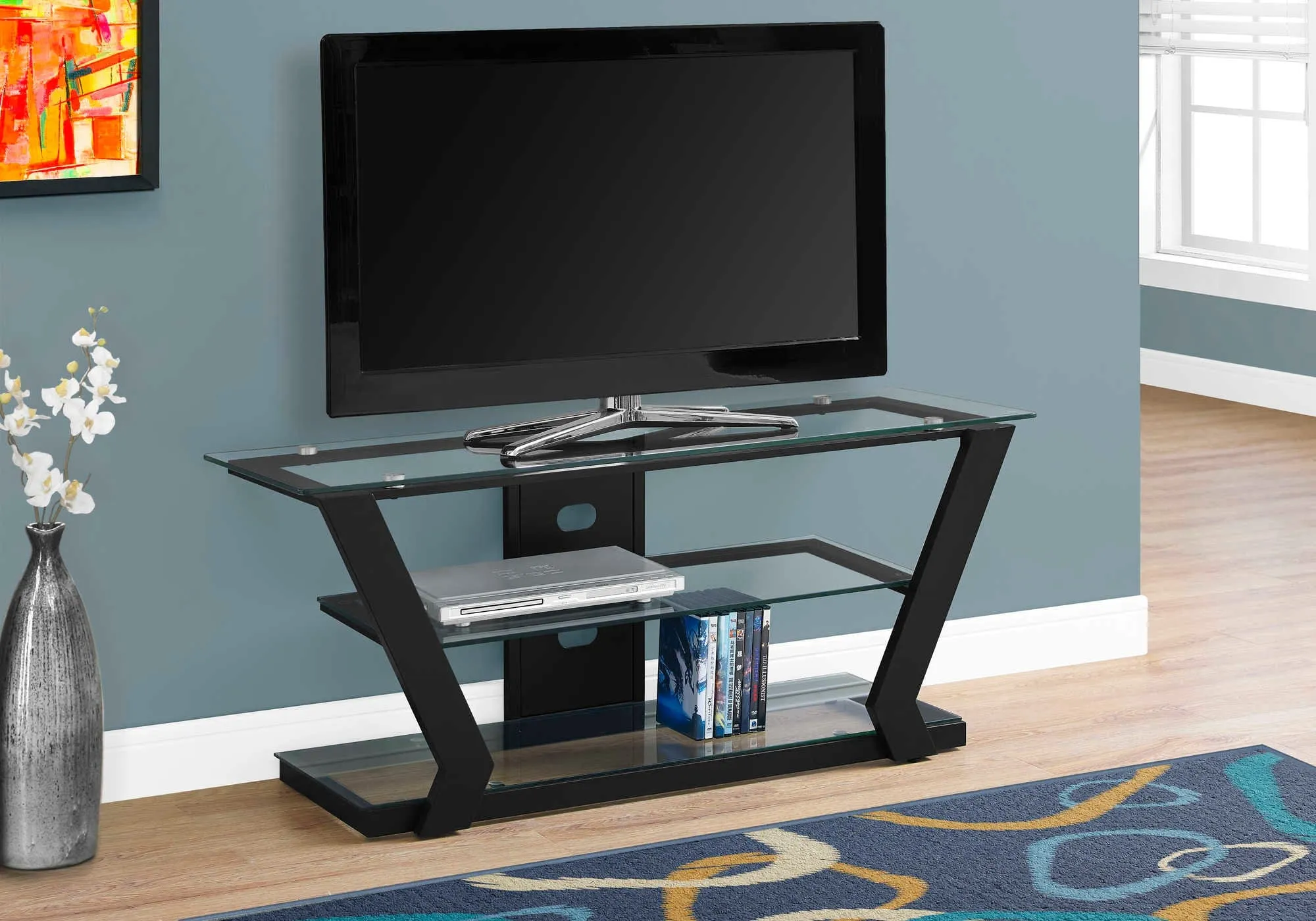 Atlas 3-Tier TV Stand with Open Glass Top Storage