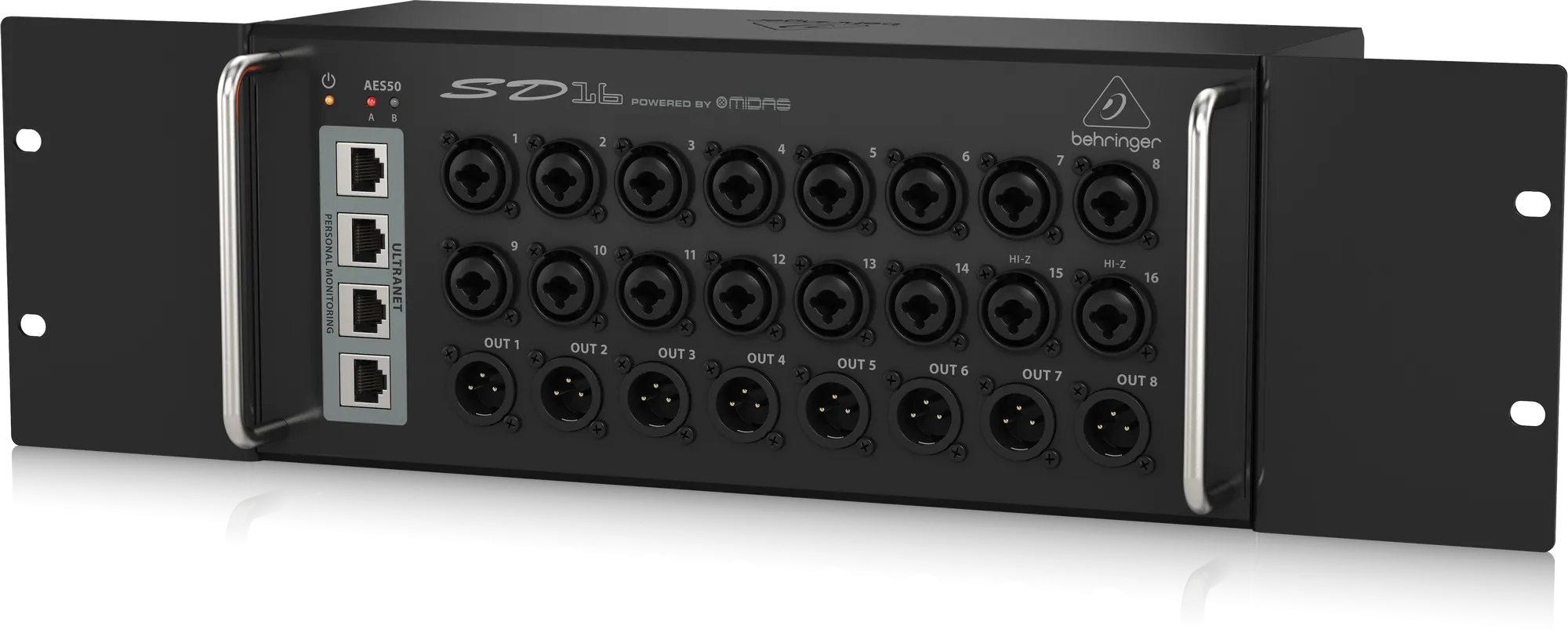 Behringer SD16 I/O Stage Box with 16 Remote-Controllable Midas Preamps, 8 Outputs, AES50 Networking and ULTRANET Personal Monitoring Hub