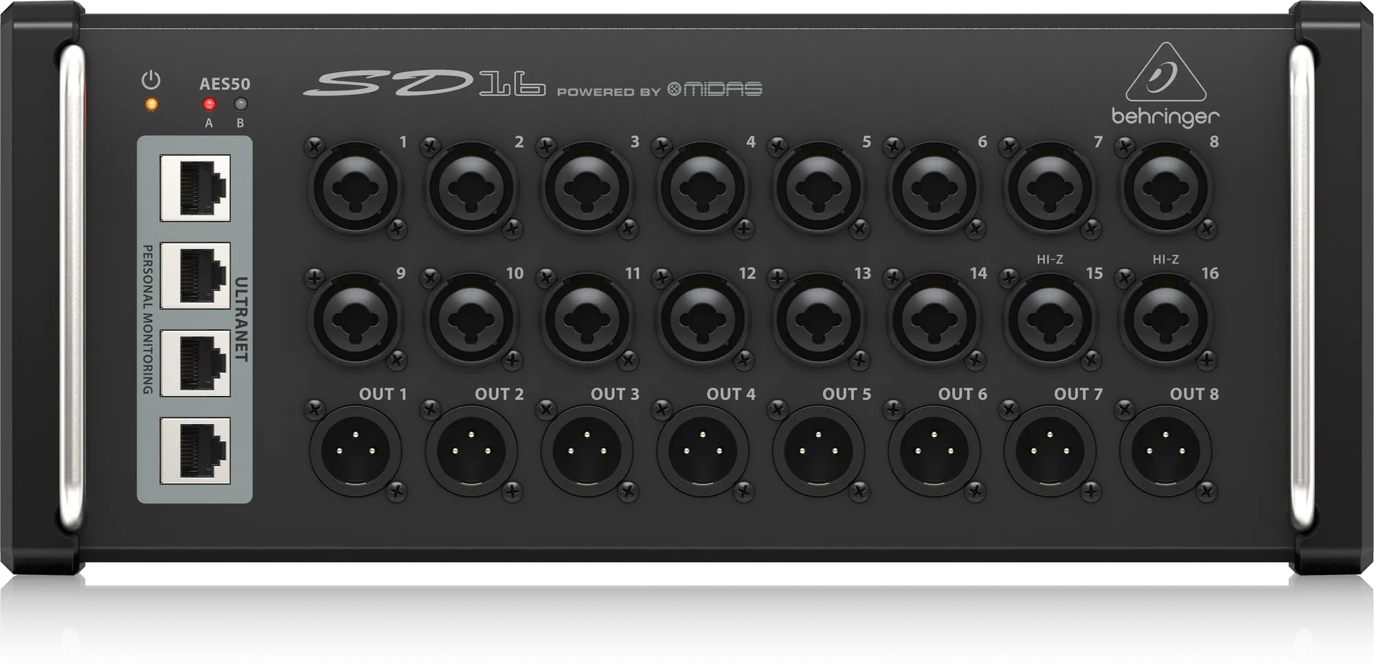 Behringer SD16 I/O Stage Box with 16 Remote-Controllable Midas Preamps, 8 Outputs, AES50 Networking and ULTRANET Personal Monitoring Hub
