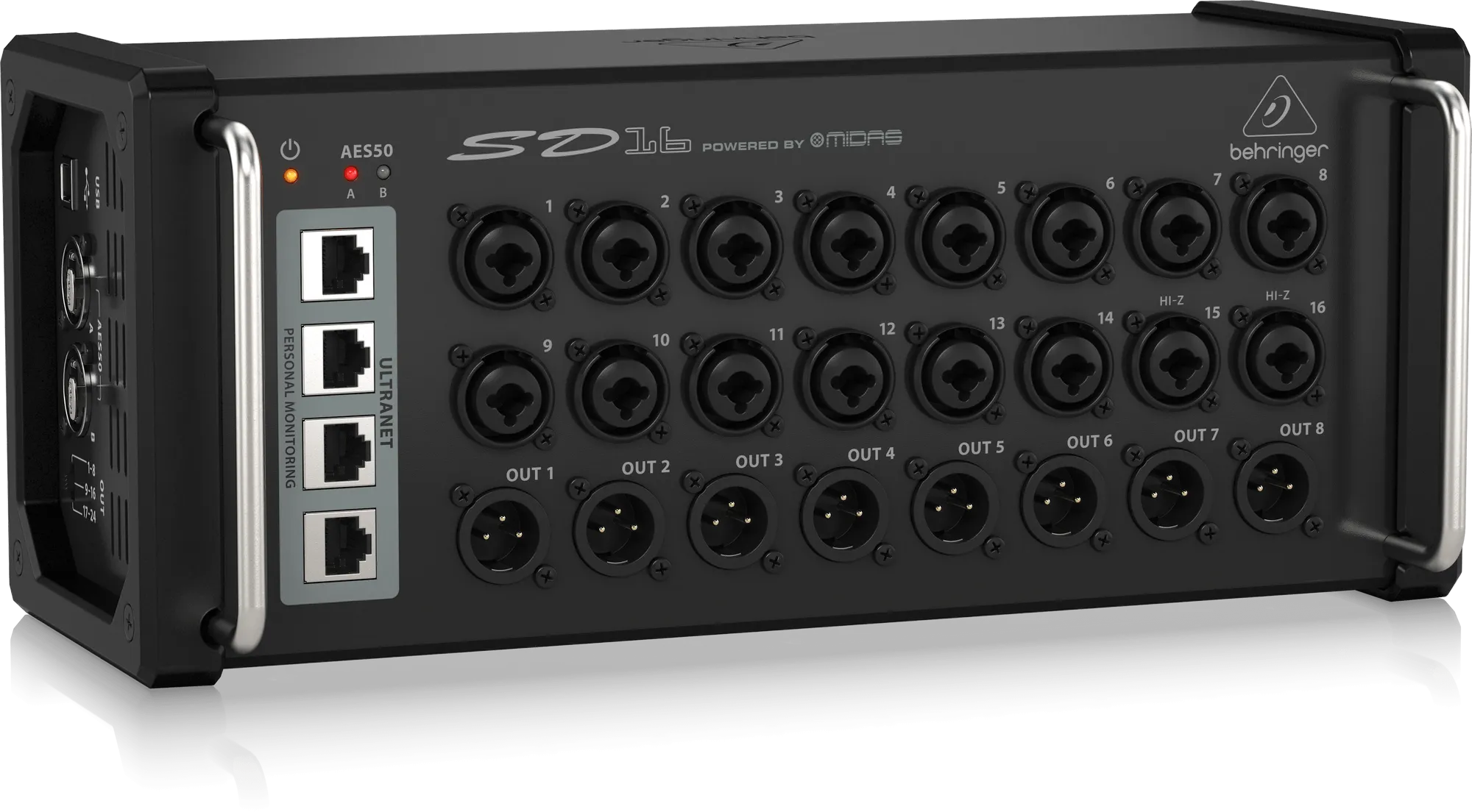 Behringer SD16 I/O Stage Box with 16 Remote-Controllable Midas Preamps, 8 Outputs, AES50 Networking and ULTRANET Personal Monitoring Hub