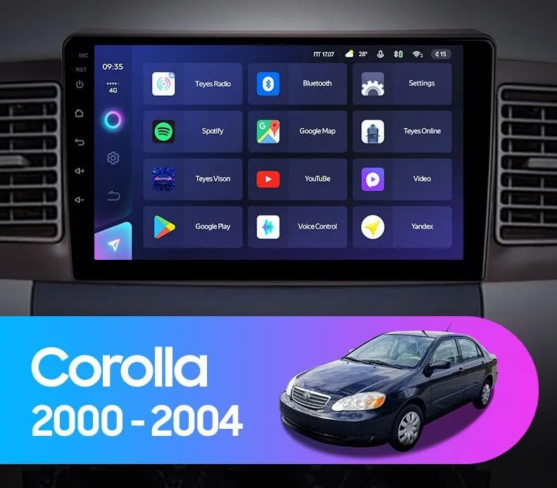 Car Dealz Elite 4G Data Model 10.2" Android 12.0 For Toyota Corolla E130 E120 2000 - 2004 In Dash Plus OEM Fascia
