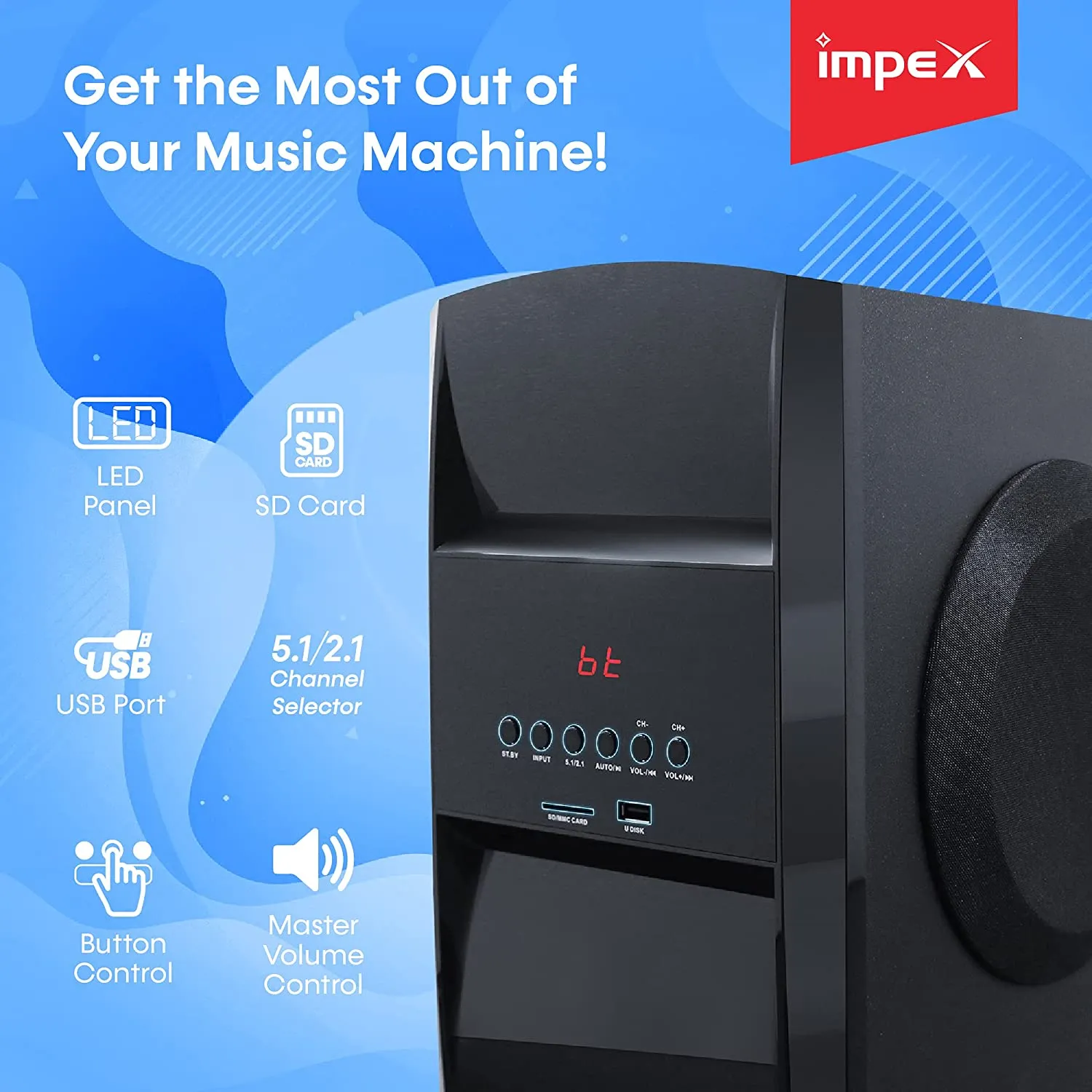 Impex HT 5103 Blue Rock 140W Multi Channel Multimedia 5.1 Speaker with 50W Sub Woofer Digital Amplifier Remote Control MP3/WMA/USB/FM Radio
