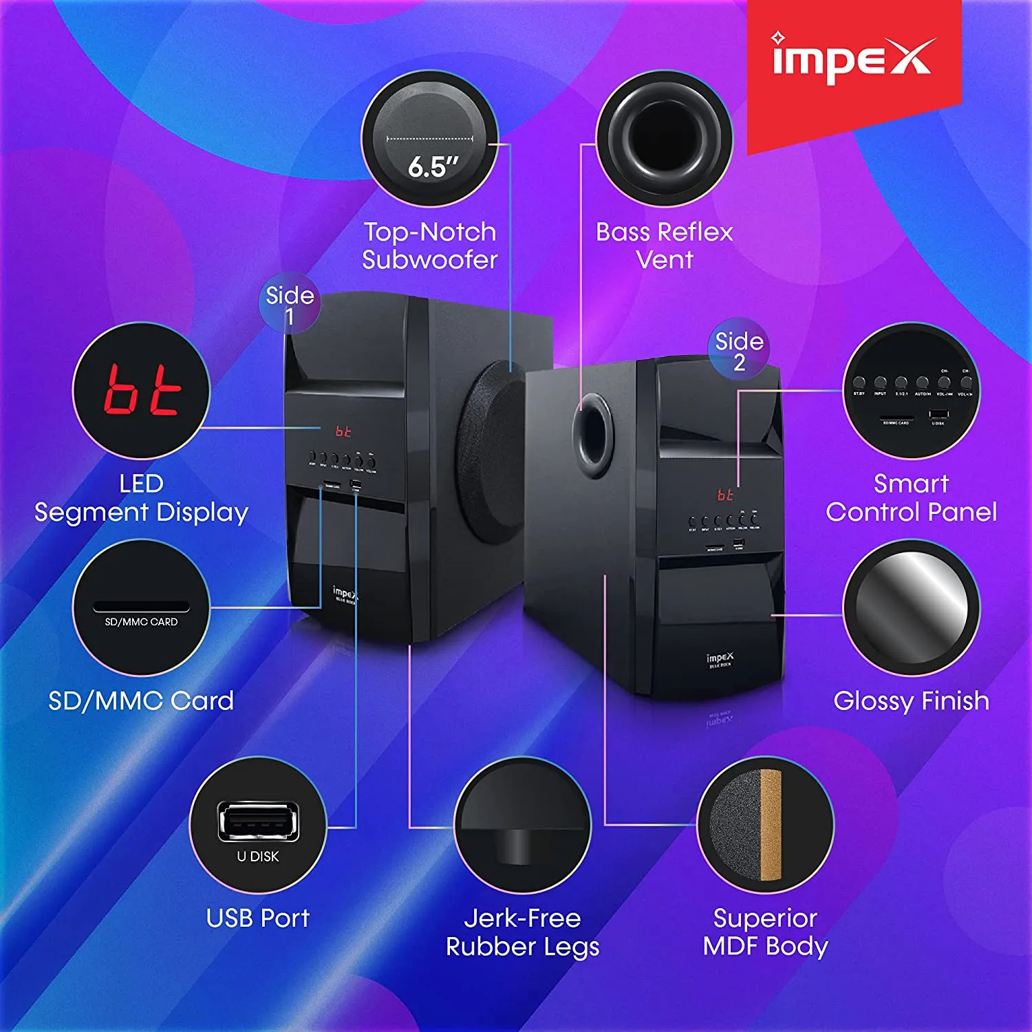 Impex HT 5103 Blue Rock 140W Multi Channel Multimedia 5.1 Speaker with 50W Sub Woofer Digital Amplifier Remote Control MP3/WMA/USB/FM Radio
