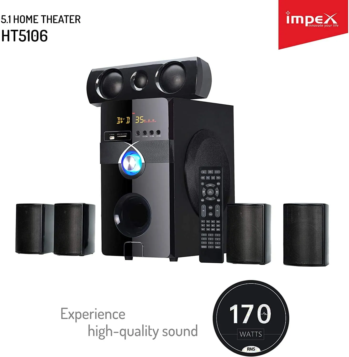 Impex HT 5106 5.1 BANG 170 W Multimedia Bluetooth Home theatre Speaker System with Remote FM/SD/USB/MM (Black)