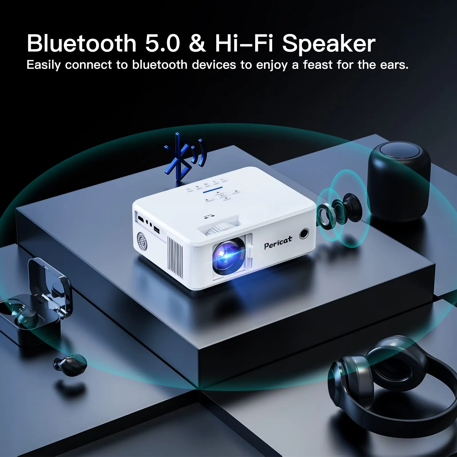 Pericat Projector with WiFi and Bluetooth, 5G WiFi Native 1080P Movie Projector, 9800L 4K Supported Portable Outdoor Projector