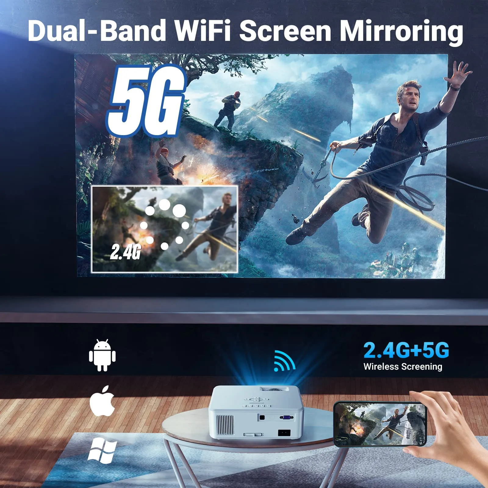 Pericat Projector with WiFi and Bluetooth, 5G WiFi Native 1080P Movie Projector, 9800L 4K Supported Portable Outdoor Projector
