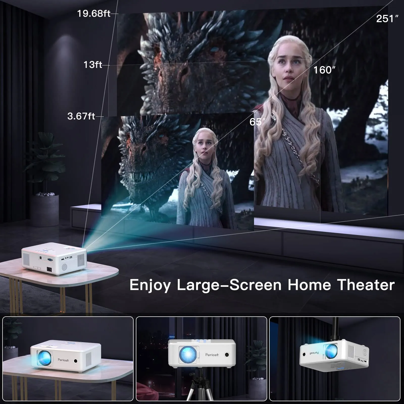 Pericat Projector with WiFi and Bluetooth, 5G WiFi Native 1080P Movie Projector, 9800L 4K Supported Portable Outdoor Projector