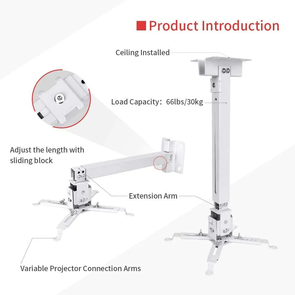 Projector Ceiling Mount for LCD / DLP Adjustable Height Projector Wall Mount Stand [Expandable Size 5''-24'']